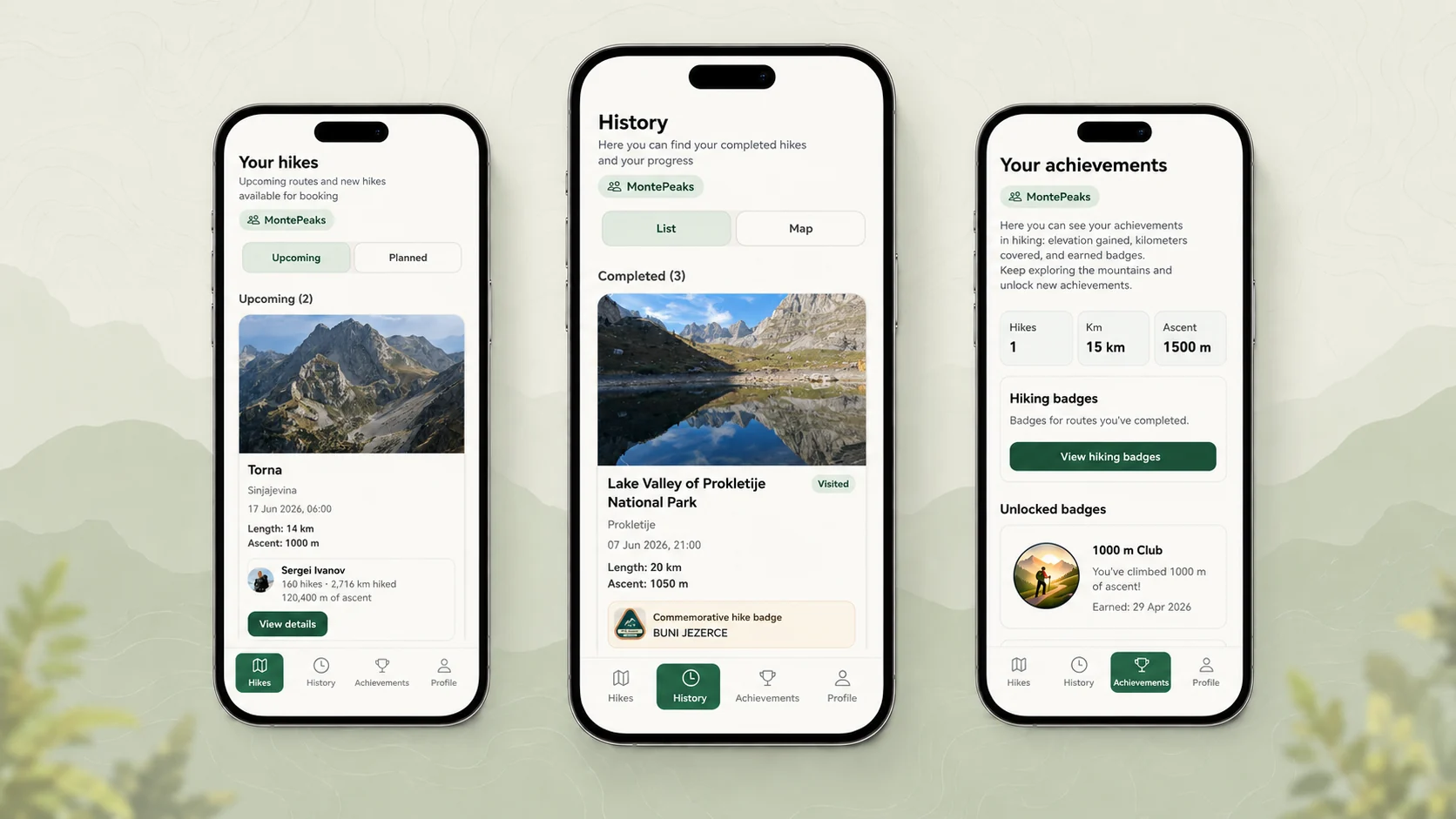 PeakPass screen for hikers showing hiking history, photos, badges and achievements