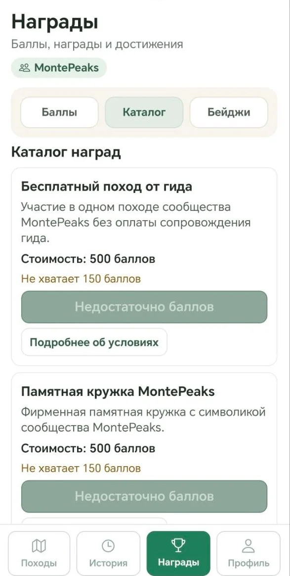 Экран каталога наград программы лояльности PeakPass